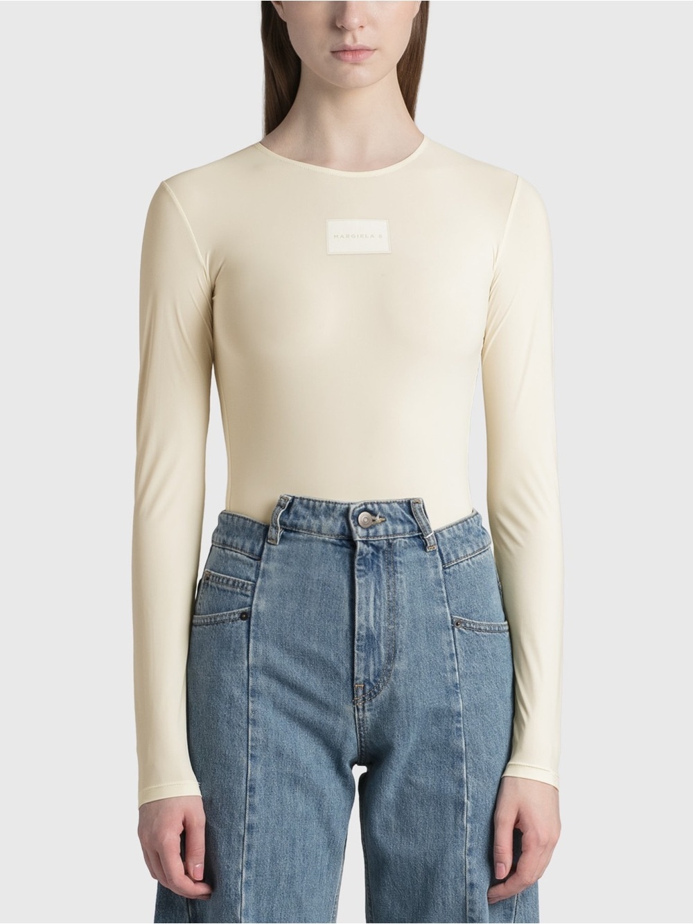 MM6 Maison Margiela Logo Patch Long Sleeve Bodysuit Off White XS